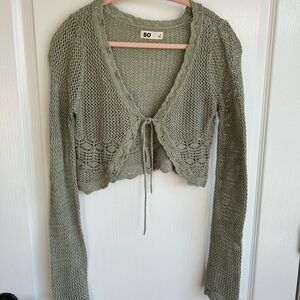SO Sage Green Crochet Open-Knit Tie Cardigan